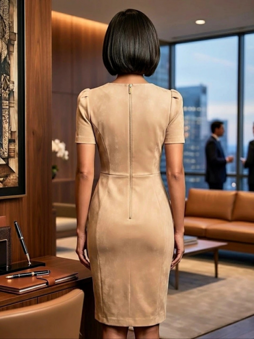 Calvin Klein Camel Tan Faux Suede Puff Short Sleeve Sheath Dress Size 10 - Picture 2 of 13